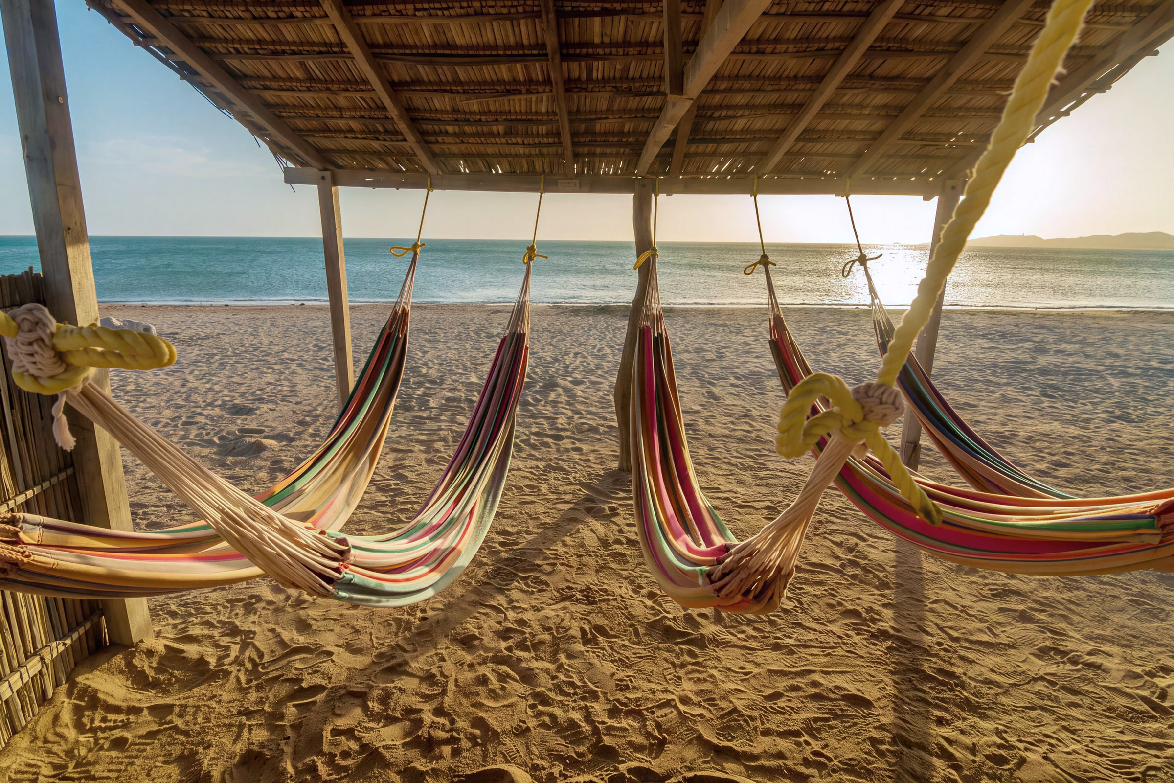 Chinchorros de colores colgados bajo una enramada de madera y palma, frente a la playa del Cabo de la Vela.