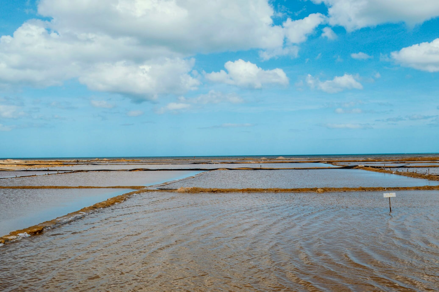 Charcas de salmuera divididas por bordos de tierra en una salina de La Guajira, con cielo azul y nubes.