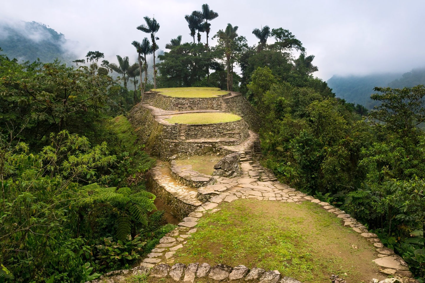 Terrazas circulares de piedra de Ciudad Perdida (Teyuna) escalonadas en la ladera, rodeadas de selva y con niebla en los cerros.