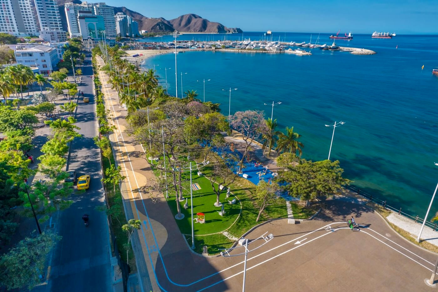Vista aérea del camellón de la bahía de Santa Marta, con la avenida arbolada, la playa y la marina al fondo.
