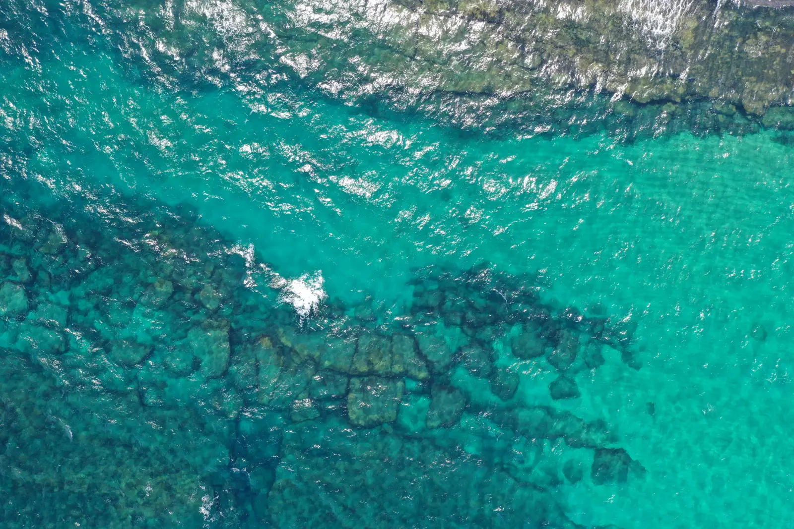 Vista cenital de agua turquesa sobre un arrecife oscuro, con espuma blanca de las olas en la parte superior, en la costa del Tayrona.