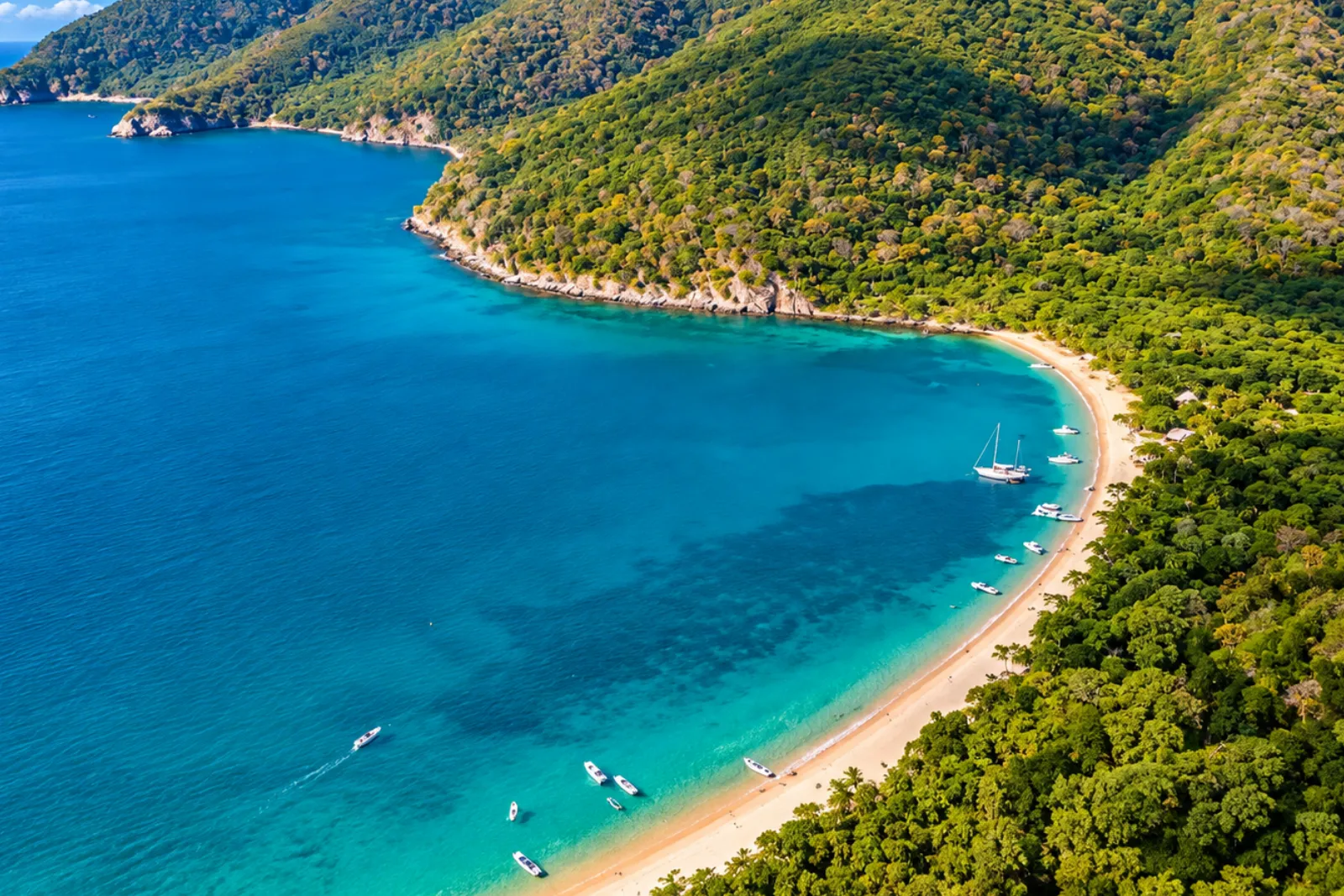 Vue aérienne d'une baie turquoise et bleue avec des bateaux et un voilier au mouillage près d'une plage étroite, à Playa Cristal.