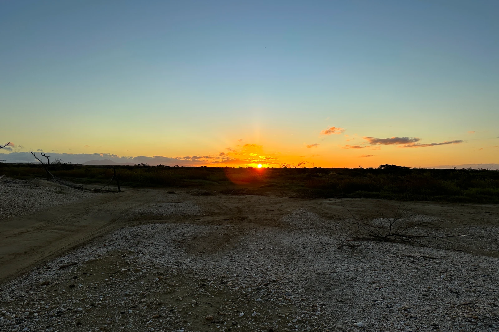 Coucher de soleil sur une plaine désertique aux broussailles basses, le soleil sur l'horizon et un sol de gravier clair au premier plan.