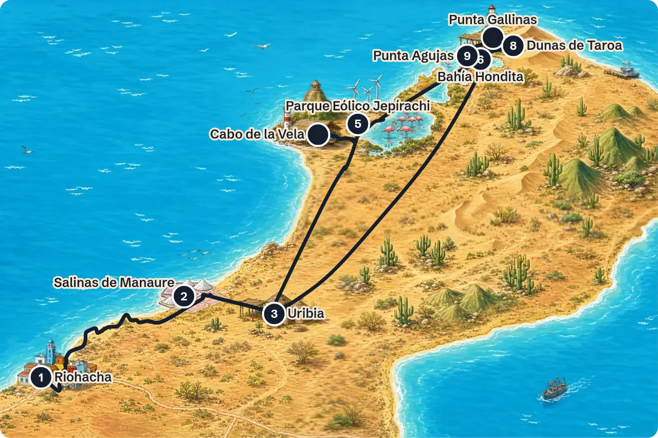 Mapa de la ruta completa: Tour Punta Gallinas 4 días (Cabo de la Vela + Punta Gallinas), 4 días, con salida y regreso en Riohacha, pasando por Salinas de Manaure, Uribia, Cabo de la Vela, Parque Eólico Jepírachi, Bahía Honda, Bahía Hondita, Punta Gallinas, Dunas de Taroa, Faro de Punta Gallinas y Punta Agujas.
