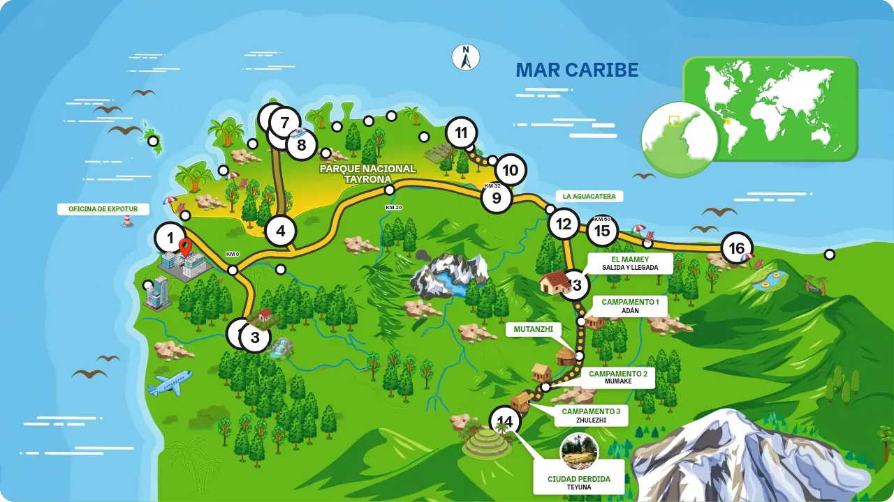 Mapa de la ruta completa: Mapa turístico de Santa Marta, un día, de Santa Marta a Palomino, pasando por Minca, Cascadas Perdidas, Entrada de Palangana, Playa Gairaca, Mirador de Siete Olas, Playa Neguanje, Playa Cristal, El Zaino, Cañaveral, Cabo San Juan, La Aguacatera y El Mamey.