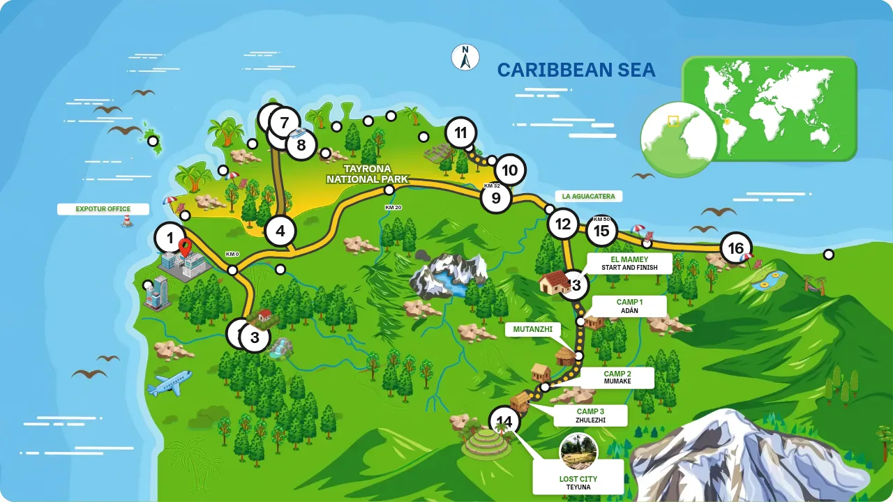 Map of the full route: Santa Marta tourist map, one day, from Santa Marta to Palomino, through Minca, Cascadas Perdidas, Palangana entrance, Gairaca beach, Siete Olas viewpoint, Neguanje beach, Playa Cristal, El Zaino, Cañaveral, Cabo San Juan, La Aguacatera, and El Mamey.